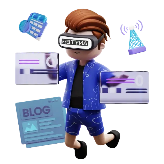 Un uomo in un abito blu che fa un blog con occhiali virtuali.
